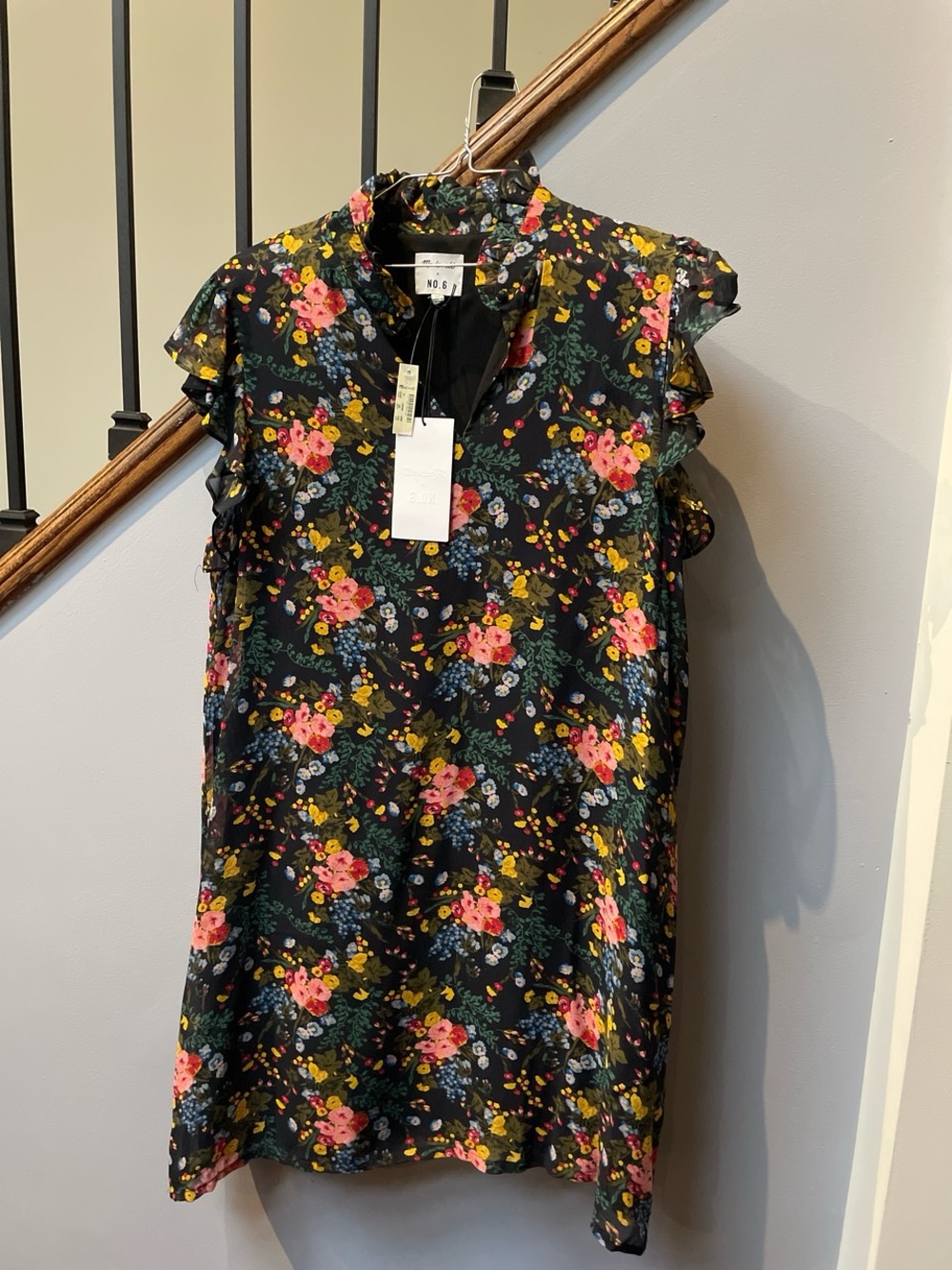 Madewell Black Floral Ruffle-Sleeve Tunic